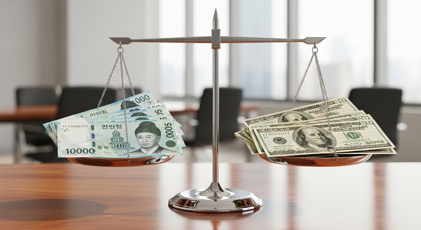원화와 달러가 저울에 균형을 이루는 모습으로 환율의 기본 개념을 설명하는 이미지
