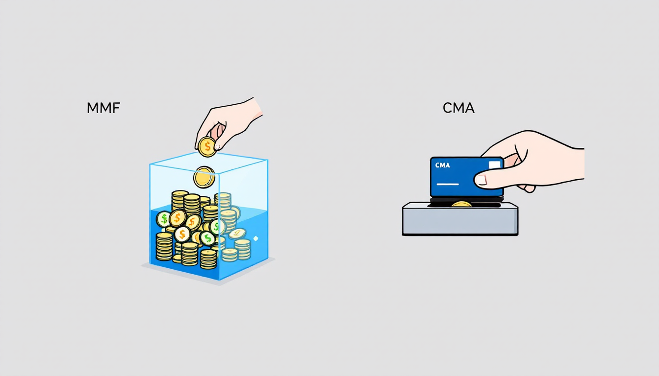 MMF와 CMA의 차이점을 보여주는 이미지. 왼쪽은 여러 돈이 모이는 펀드(MMF)를, 오른쪽은 개인 계좌(CMA)의 개념을 시각적으로 표현.