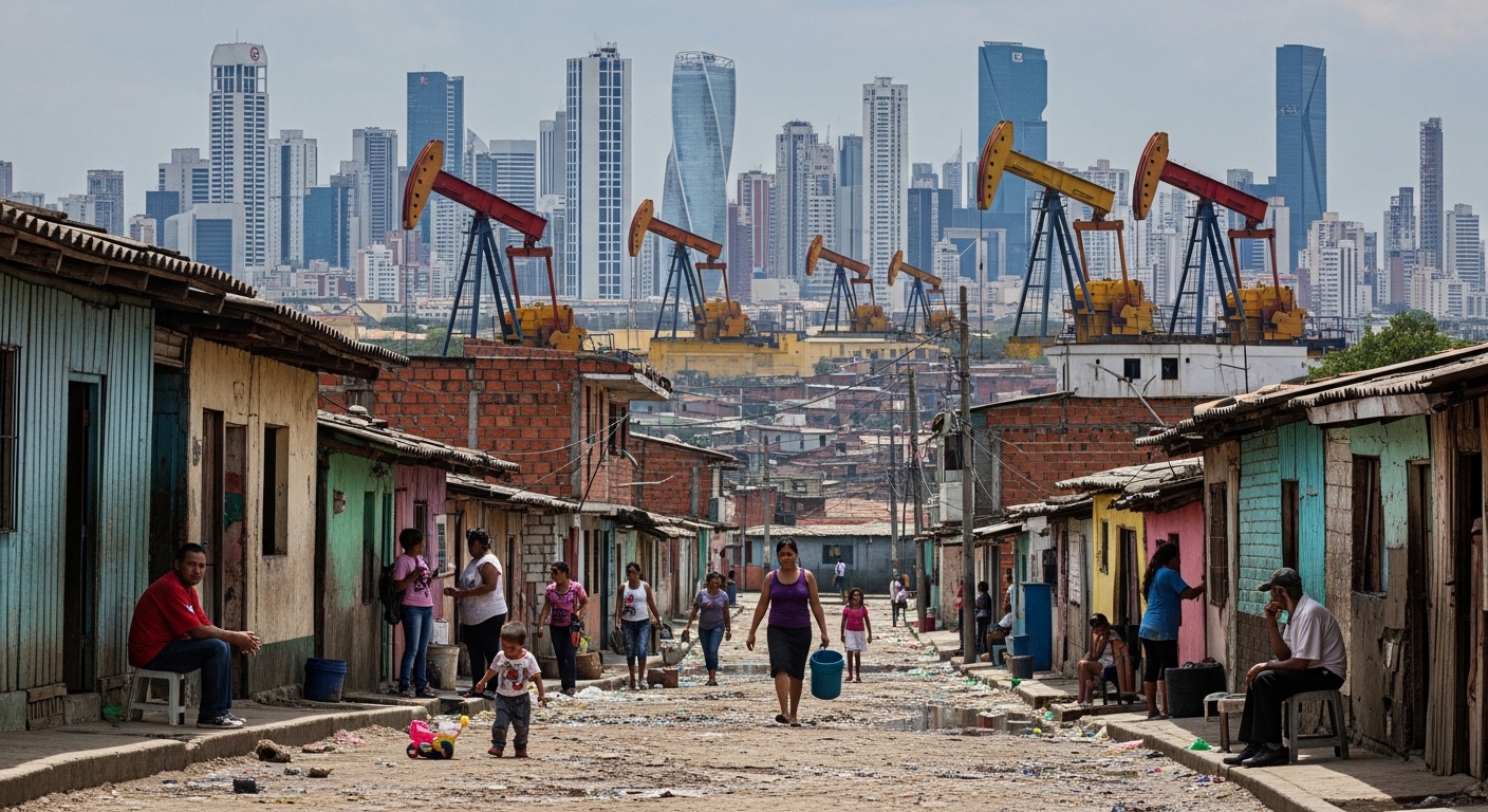 호화로운 도시와 가난한 동네가 대비되는 베네수엘라의 경제 붕괴를 보여주는 고화질 실사 이미지