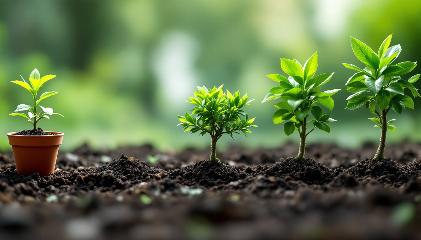 작은 묘목이 시간이 지남에 따라 크고 튼튼한 나무로 성장하는 과정을 보여주며, 안정적인 시작이 성공적인 투자로 이어짐을 상징.