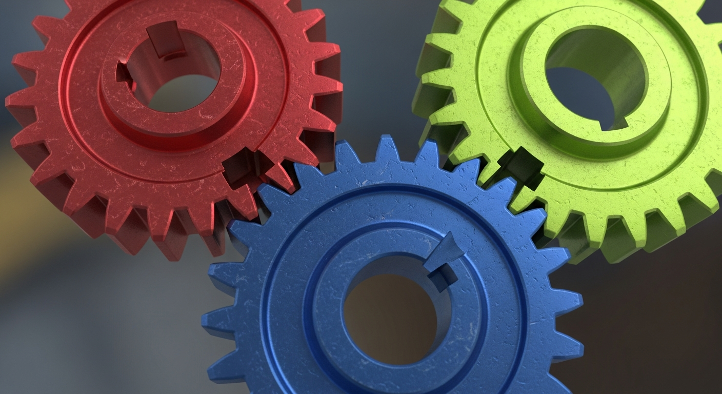 세 국가의 복잡하고 상충되는 지정학적 이해관계를 상징하는 맞물리지 않는 톱니바퀴